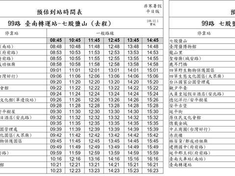 99安平台江線平日新增班次預估到站時刻表