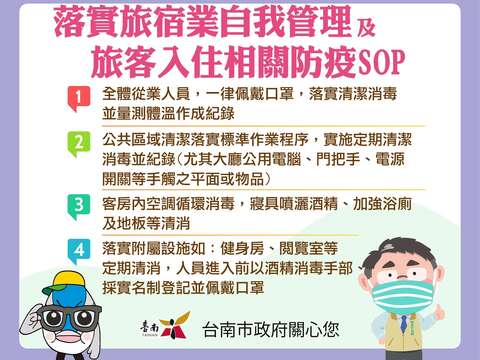 旅宿业自我管理及旅客入住相关防疫SOP：1.全体从业人员,一律佩戴口罩,落实清洁消毒并量测体温作成纪录 2.公共区域清洁落实标准作业程序,实施定期清洁消毒并纪录(尤其大厅公用电脑、门把手、电源开关等手触之平面或物品) 3.客房内空调循环消毒,寝具喷洒酒精、加强浴厕及地板等清消 4.落实附属设施如:健身房、阅览室等定期清消,人员进入前以酒精消毒手部采实名制登记并佩戴口罩