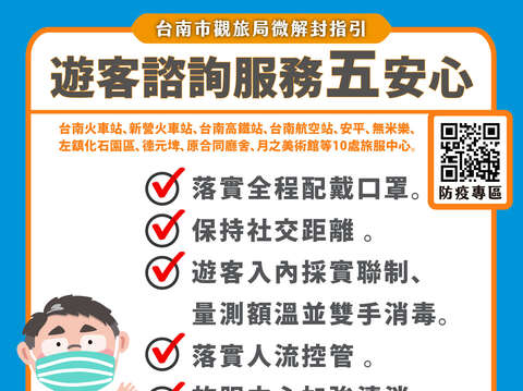 遊客諮詢服務五安心：全程配戴口罩.保持社交距離.入內實聯制量額溫並雙手消毒.落實人流控管.旅服中心加強清消；旅服中心-台南火車站.新營火車站.臺南高鐵站.台南航空站.安平.無米樂.左鎮化石園區.德元埤.原合同廳舍.月之美術館等10處