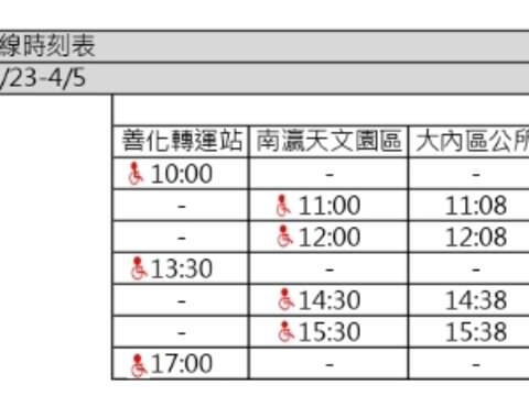 111年1月23日至4月5日山博行线时刻表