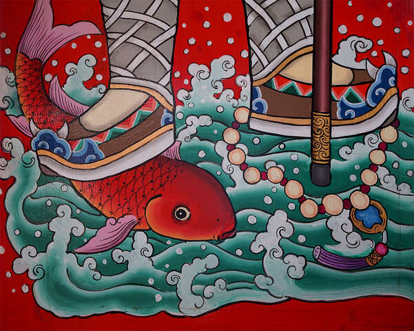勇士腳邊畫上鯉魚和珍珠，代表「禮到珍惜」