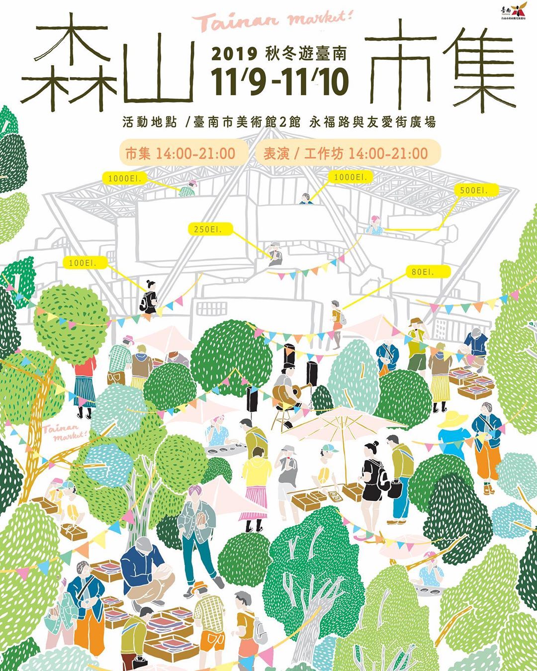 秋冬遊臺南！將於11月9至11月10日兩天在臺南市美術館2館舉辦的森山市集結合戶外藝術實驗和生活美學的演出，活動特別邀請21組藝術...