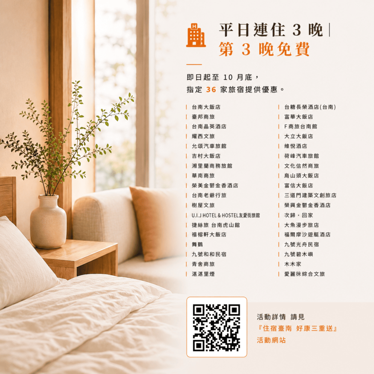 國旅補助來臺南優惠多更多 「旅遊臺南 住宿點數」第二階段活動同步起跑