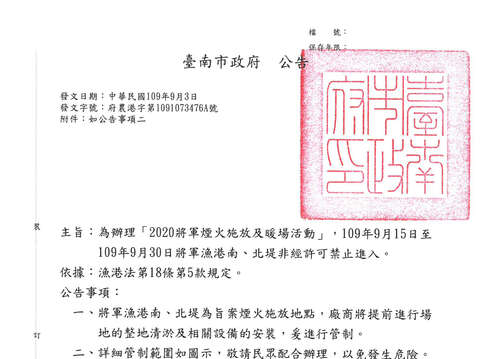 公告管制將軍漁港南北堤