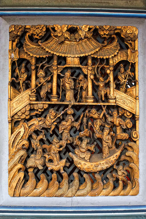 三川殿-門板雕刻-八仙赴西王母蟠桃壽宴